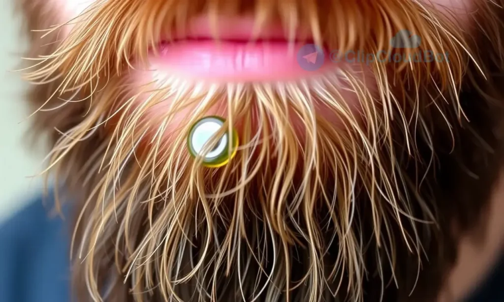 A close-up, detailed image of a man's beard with a small amount of beard wax applied. The wax should be slightly glossy and hold the beard hairs in place, demonstrating the effect of the wax. Focus on the texture of the beard and the subtle sheen of the wax.