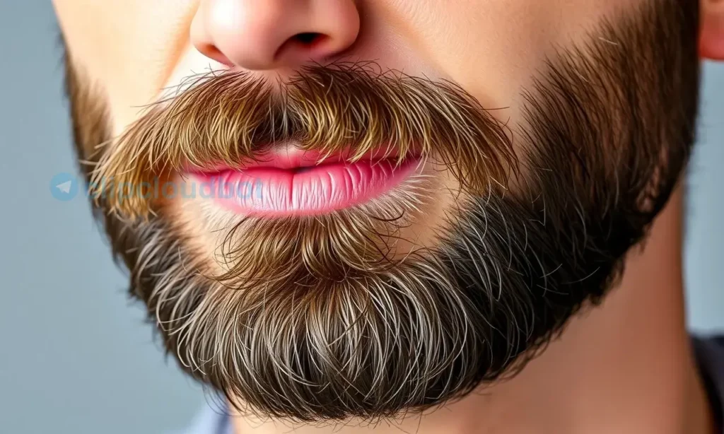 A close-up, realistic image of a man's face with a neatly trimmed beard. The beard should be full and healthy-looking, with visible texture and individual hairs. The man's skin should be clear and smooth. The lighting should be soft and natural, highlighting the beard's details.