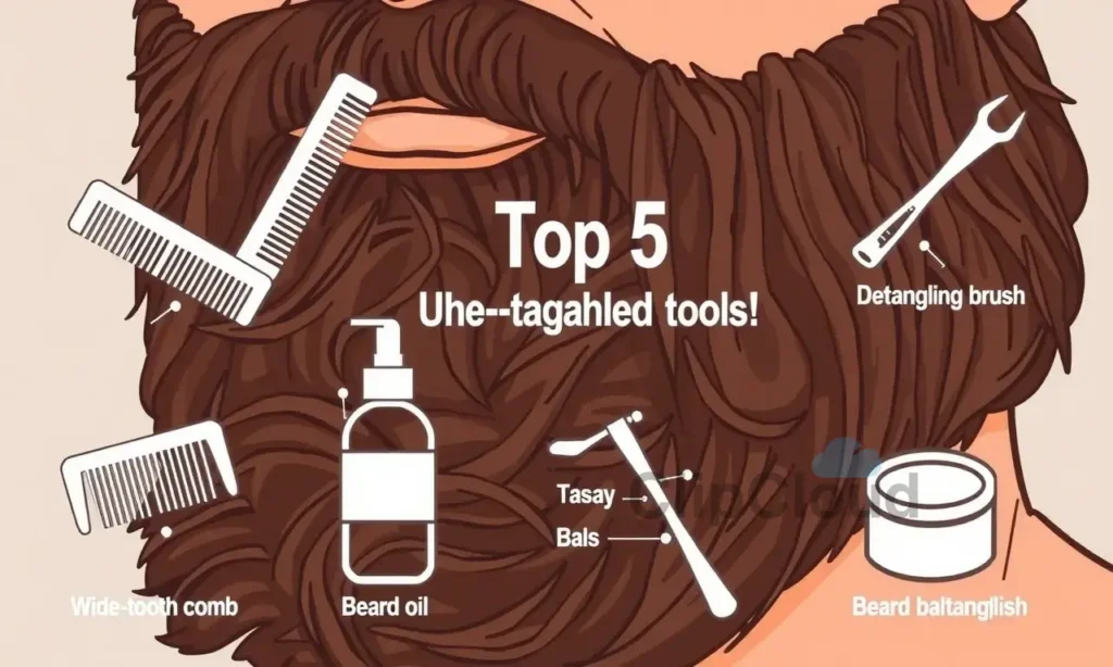 A close-up illustration showing a tangled beard with visible knots and clumps, demonstrating the problem of a messy beard. The image should depict a person's face with a beard that is clearly tangled and disorganized, showing the need for untangling. Include visual elements representing the top 5 beard grooming tools (such as a wide-tooth comb, detangling brush, beard oil bottle, beard balm container, and a specialized beard detangling tool) arranged neatly around the beard or being used on it.