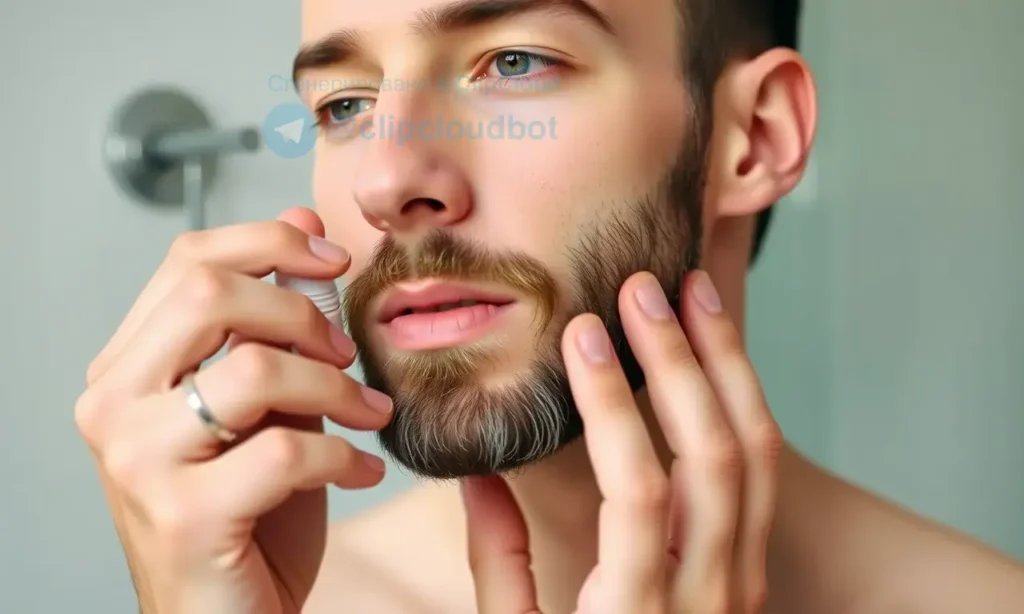 A man with a beard applying beard oil gently to his face, showing a clean, calm skincare routine, with a focus on sensitive and acne-prone skin, natural lighting, minimalist bathroom background, no visible acne or blemishes, no text or labels