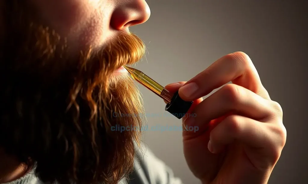 A close-up, high-quality shot of a man with a well-groomed beard applying beard oil. He is holding a small dropper bottle and carefully applying the oil to his beard. The lighting is warm and professional, highlighting the texture of the beard and the oil. The background is a soft, neutral blur to keep the focus on the subject.