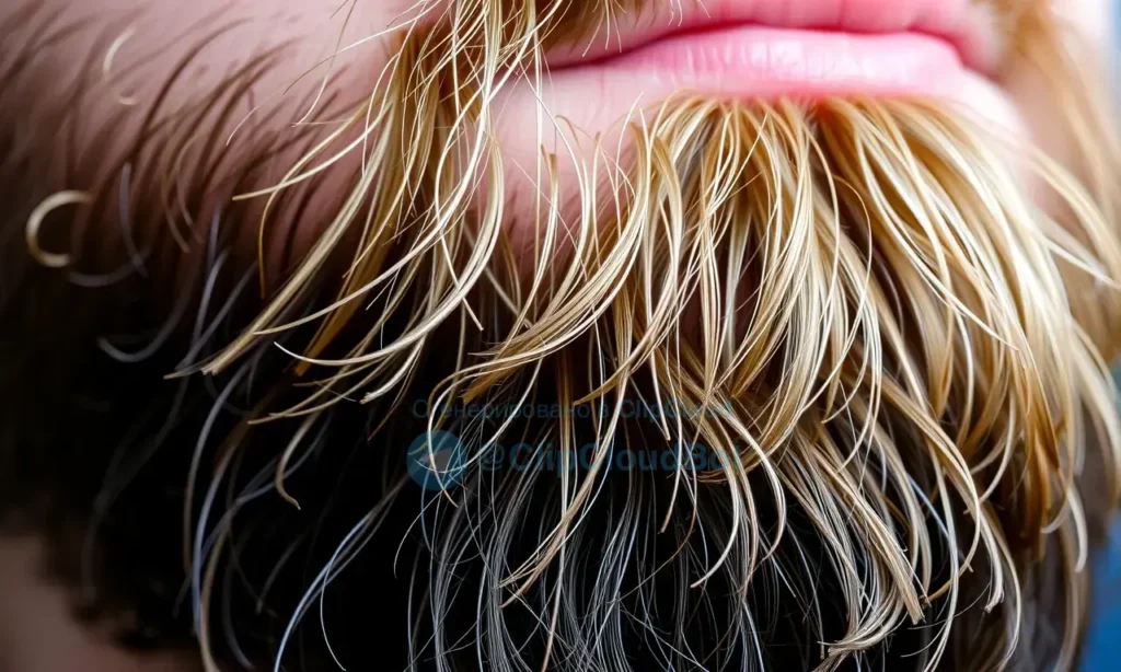 Close-up image of a man's beard with individual hairs visible, showcasing the texture and structure. Focus on the hair follicles and the slightly prickly appearance. Soft, diffused lighting to highlight the details.