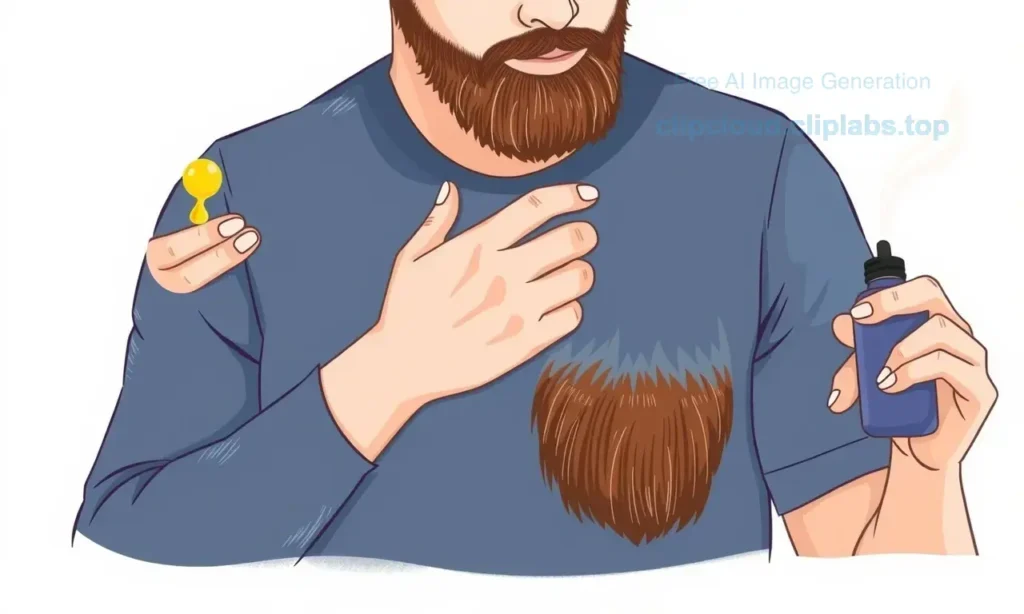 A realistic illustration of a man applying beard oil daily, showing a step-by-step routine: first, a small amount of oil in the palm, then rubbing hands together, followed by gentle massage into the beard and skin, and finally a tidy, well-groomed beard. The scene should be clean, natural lighting, with a focus on the hands, oil bottle, and beard texture, avoiding any text or numbers.