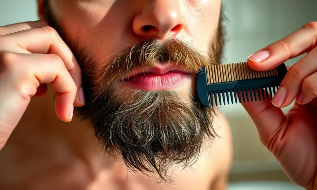 A close-up of a man's face in the morning, his beard is unruly and sticking out after sleep, with a hand holding a beard comb and a grooming brush on a bathroom counter, soft natural lighting, realistic style