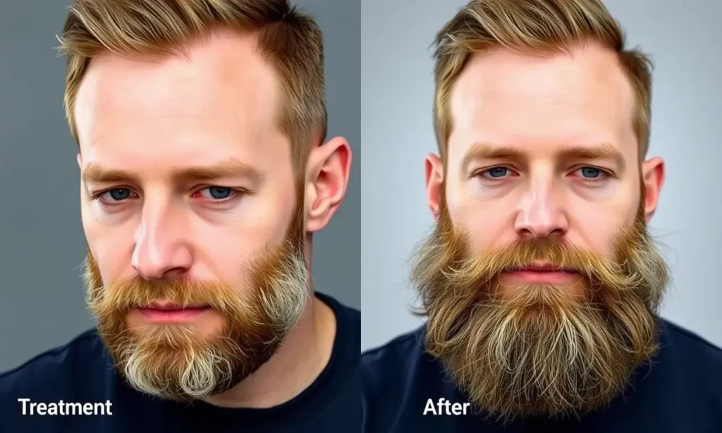 A split-screen comparison image showing a man's face. On the left, he has a sparse, patchy beard with visible skin, representing the state before treatment. On the right, he has a full, thick, and well-groomed beard, representing the result after applying the practical tips for beard growth after 35. The lighting is bright and professional, highlighting the texture of the facial hair.
