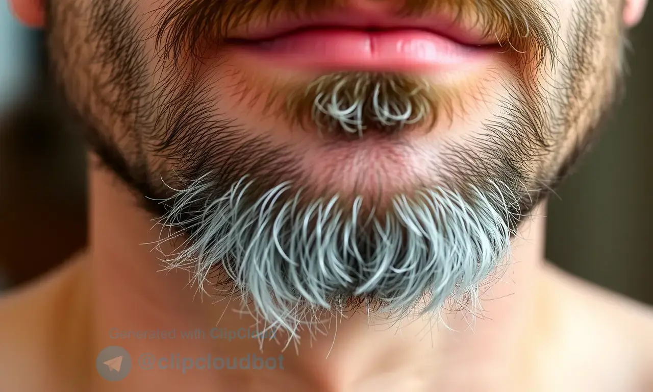 Close-up image of a man's chin and jawline with visible dry, flaky skin under his beard. Focus on the texture of the skin and the beard. Soft, natural lighting.