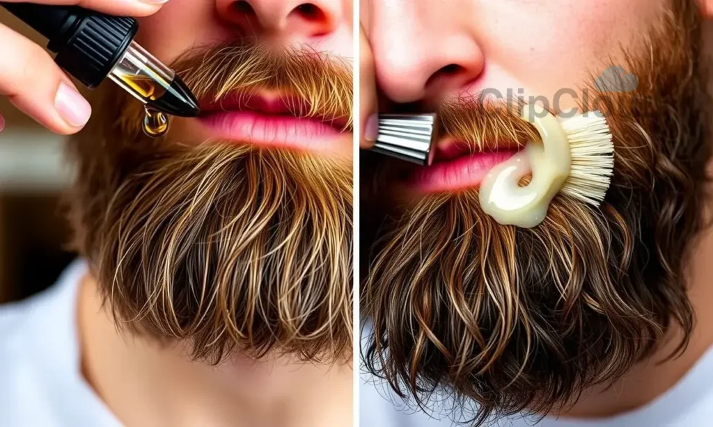 A split image. On the left, a close-up of a man's beard being oiled with a dropper, highlighting the texture and shine. On the right, a close-up of a man's beard being waxed with a brush, showing the smooth, sculpted look.