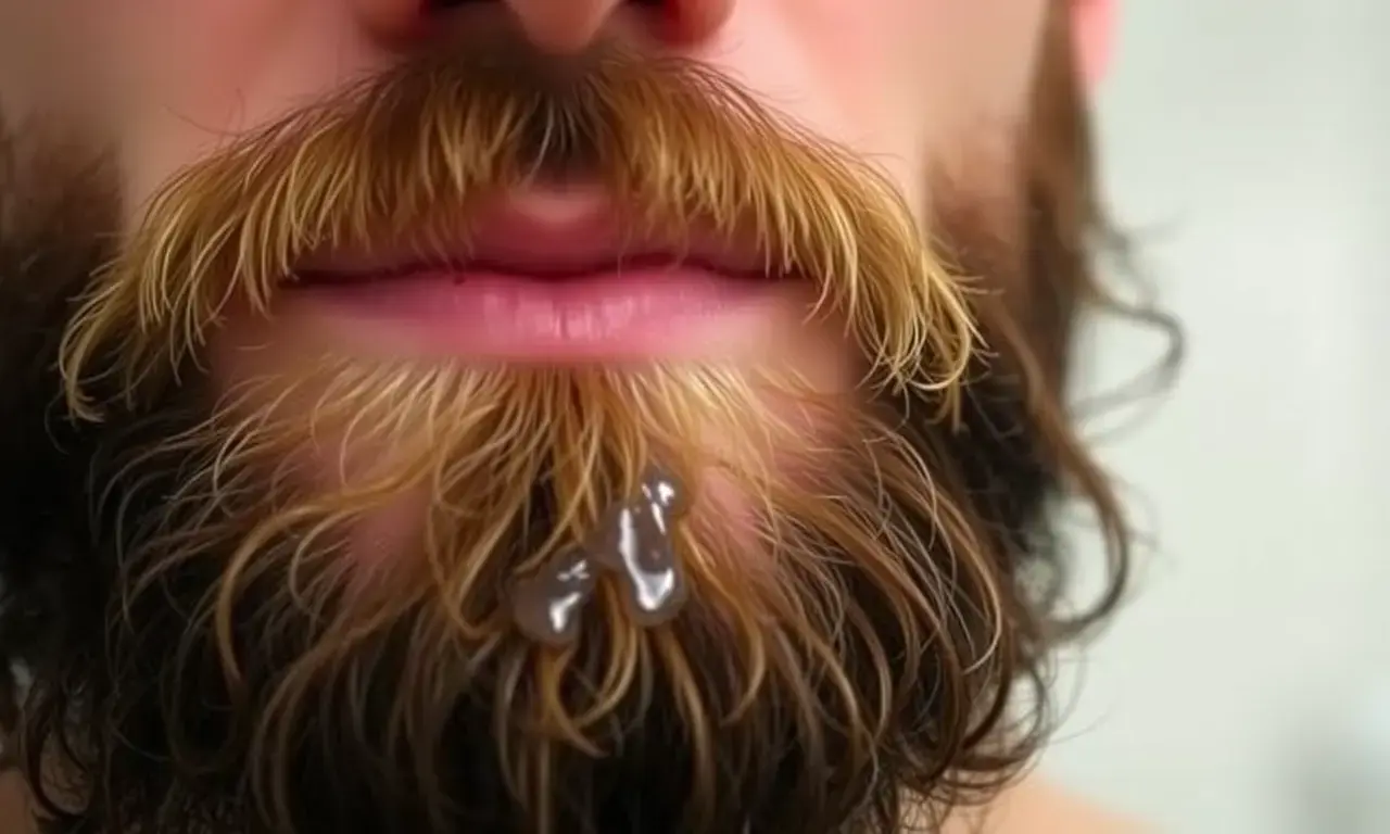 A close-up photo of a man's beard, slightly damp, with subtle highlights suggesting cleanliness. Focus on the texture and natural color of the beard. The background should be blurred and neutral, perhaps a hint of a bathroom setting.