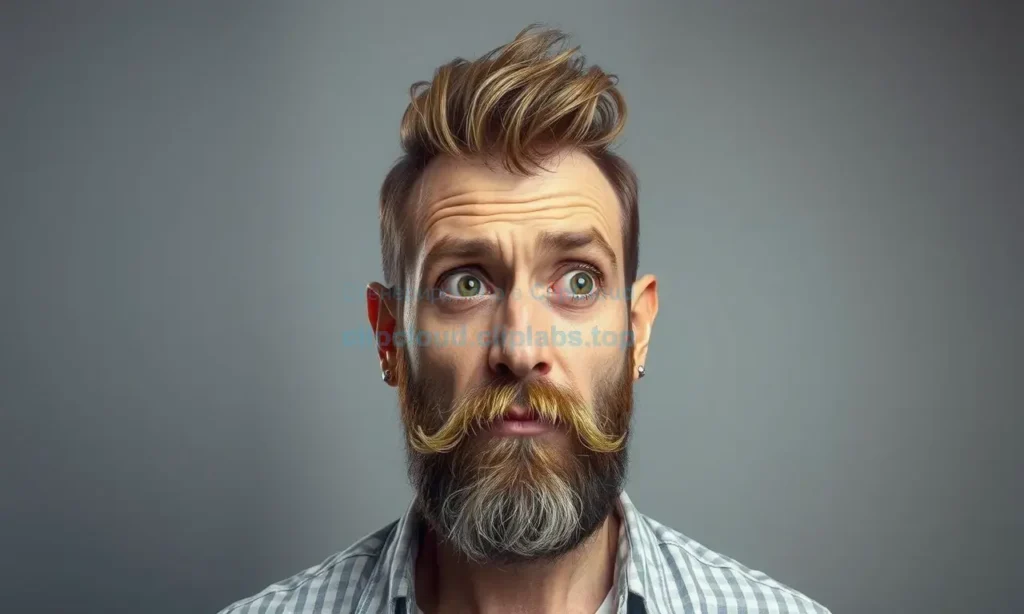 A man with a beard growing in an unusual direction, such as sideways or upward, with a confused or curious expression, in a realistic style