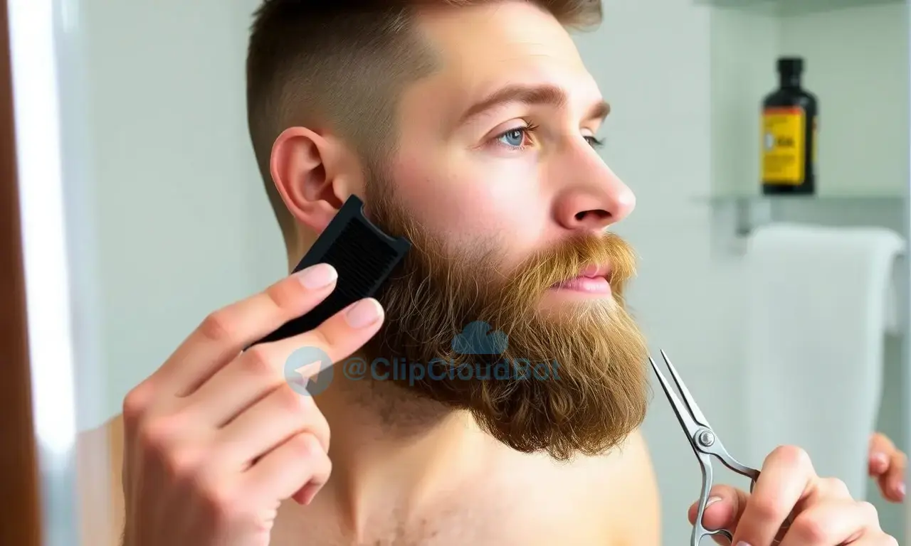A man grooming his beard with proper tools, showing healthy skin and a well-maintained beard. Include a clean, well-lit bathroom setting with a mirror, beard comb, beard oil, and scissors. Show the man applying oil and trimming carefully.