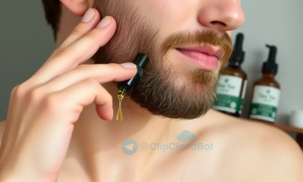A clean, natural beard with a few drops of oil being gently applied to the skin underneath, showing a calm and soothing routine, soft natural lighting, dermatologically safe ingredients like jojoba and tea tree oil visible as subtle elements in the background, minimalist grooming setup with no bottles or labels, skin texture showing no acne or irritation