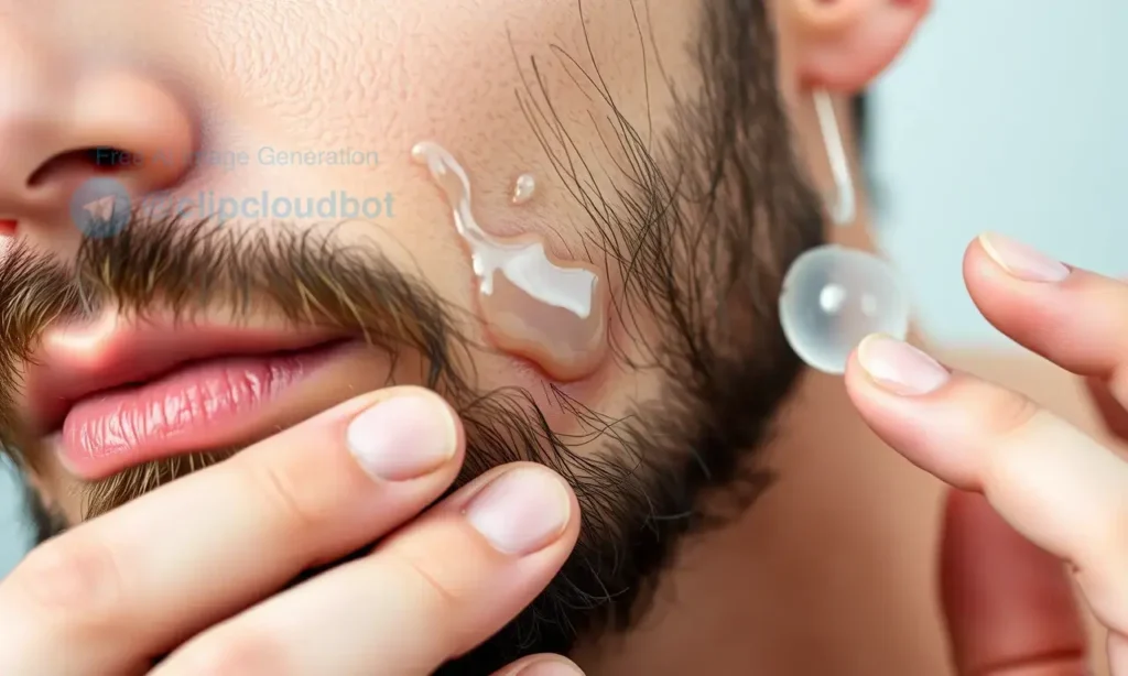 A close-up, high-quality shot of a man's face, focusing on the area under his beard. The skin in this region appears slightly red and irritated, indicating a reaction to a product. A hand is gently applying a soothing, clear gel or serum to the affected area. The lighting is soft and natural, highlighting the texture of the skin and the beard. The overall mood is one of careful skincare and problem-solving.