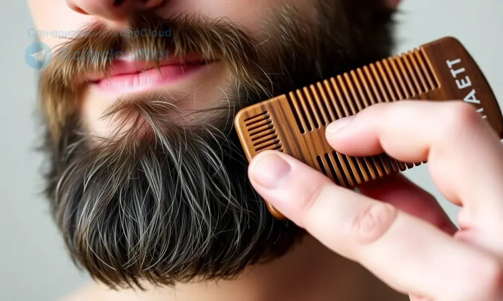 A close-up of a well-groomed man's beard being gently combed with a wide-tooth wooden comb, showing smooth strands separating without knots, soft natural lighting, realistic skin texture, neutral background, no text or symbols