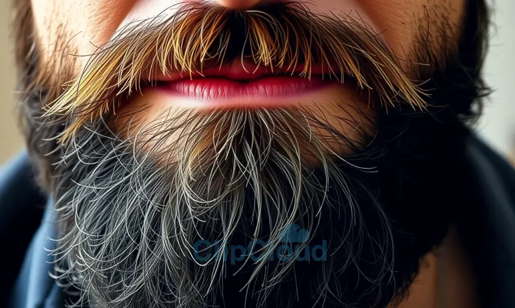 A close-up, realistic depiction of a man with a well-groomed beard. The beard should appear clean and healthy, with subtle highlights suggesting moisture. Focus on the texture and density of the beard. The background should be softly blurred, perhaps a neutral color like beige or light gray, to keep the attention on the beard. The lighting should be soft and natural, avoiding harsh shadows. The overall impression should be one of cleanliness and health.