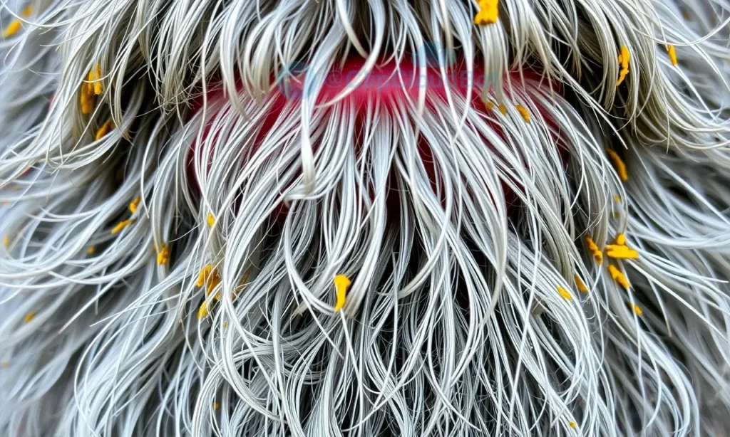 A close-up of a gray beard with visible yellowish stains, showing natural texture and discoloration without any artificial coloring or text. The beard should appear aged and realistic, with subtle lighting to highlight the yellowing areas.
