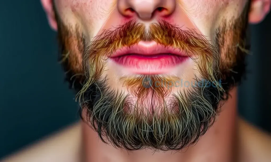 A close-up of a man's face with a beard, showing dry and flaky skin underneath the beard after a shower. The skin should appear slightly red and irritated, with visible flakes. The beard should be well-groomed and the man's expression should be neutral, focusing on the skin condition.