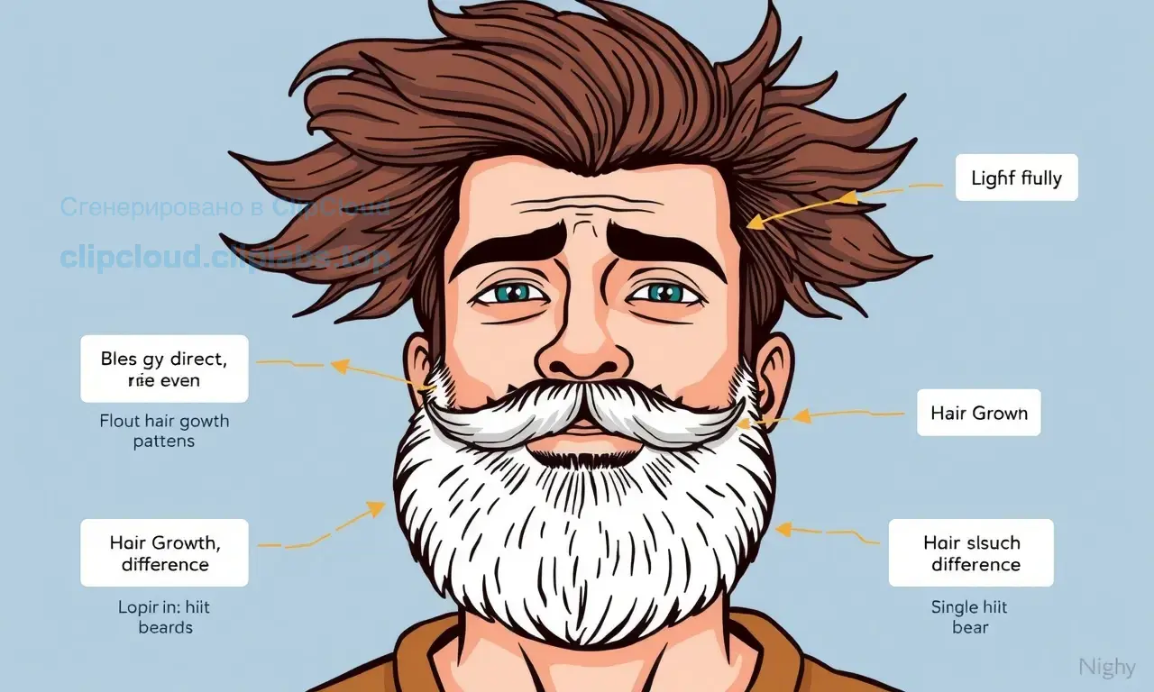 A detailed illustration showing a man with a beard that is puffy and sticking out in various directions, demonstrating the reasons why beards become fluffy and uneven, with clear visual examples of hair growth patterns and texture differences, in a clear and educational style