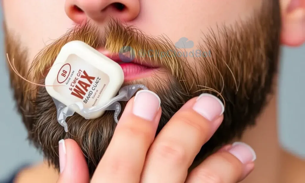 A close-up shot of a man's face with a well-groomed beard, showing the process of applying or removing beard wax. The focus is on the texture of the beard and the application of the product, with a clean and professional aesthetic.