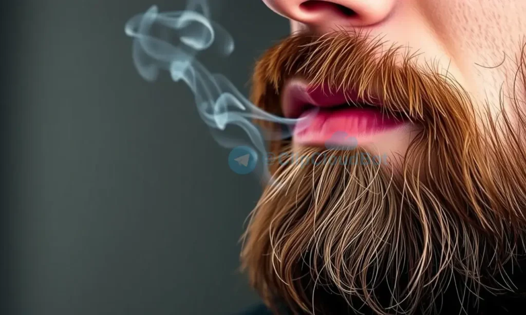 A close-up, detailed image of a man's beard with a subtle, realistic depiction of a tobacco-like scent emanating from it. The beard should be well-groomed, showing texture and individual hairs. Soft, diffused lighting should highlight the beard's details.
