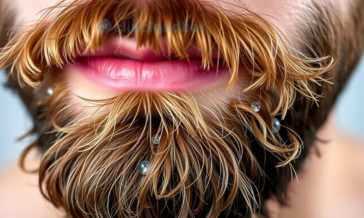 A close-up photo of a man's beard after washing, showing the texture and slight dampness. Focus on the details of the beard, highlighting its natural appearance.