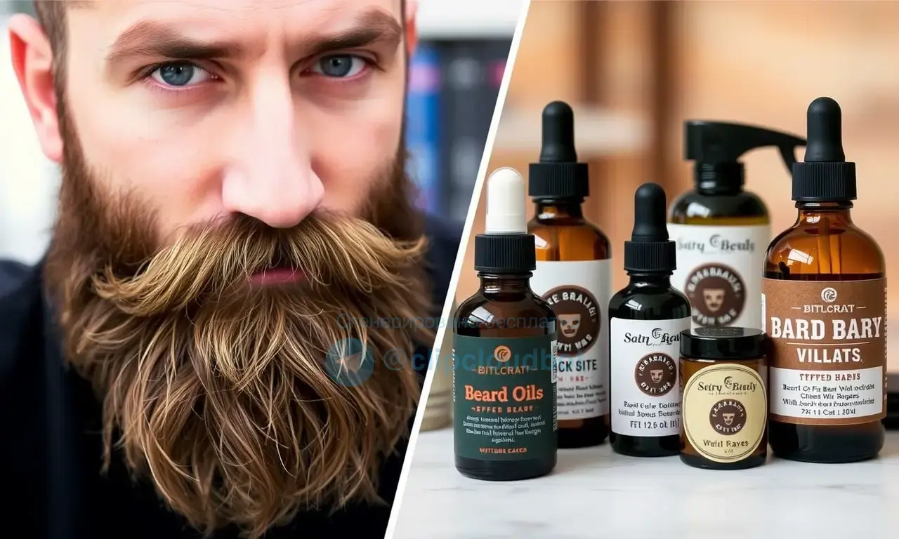 A split image showing a man's beard on the left side and a selection of beard oils and waxes on the right side. The beard should be well-groomed and styled. The oils and waxes should be visually appealing, with different textures and colors.