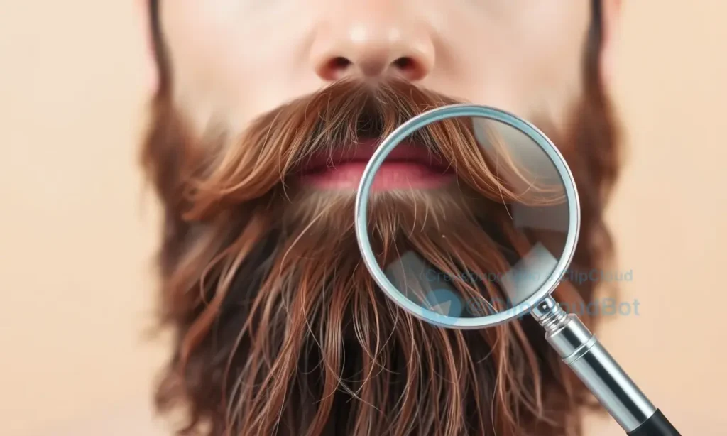 A close-up of a well-groomed beard with split ends visible on individual hairs, set against a soft neutral background. The beard appears healthy and full-length, with no signs of trimming or cutting. Subtle lighting highlights the texture and natural shine of the facial hair. A small magnifying glass hovers nearby, focusing on a split end, suggesting diagnostic inspection. No text, labels, or numbers are present in the image.