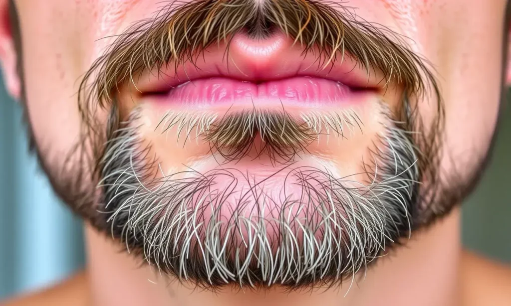 A close-up of a man's face with a beard, showing oily skin underneath the facial hair, with a subtle shine on the skin but no visible sweat or excessive grease, natural lighting, clean and well-groomed appearance, dermatologically balanced skin texture