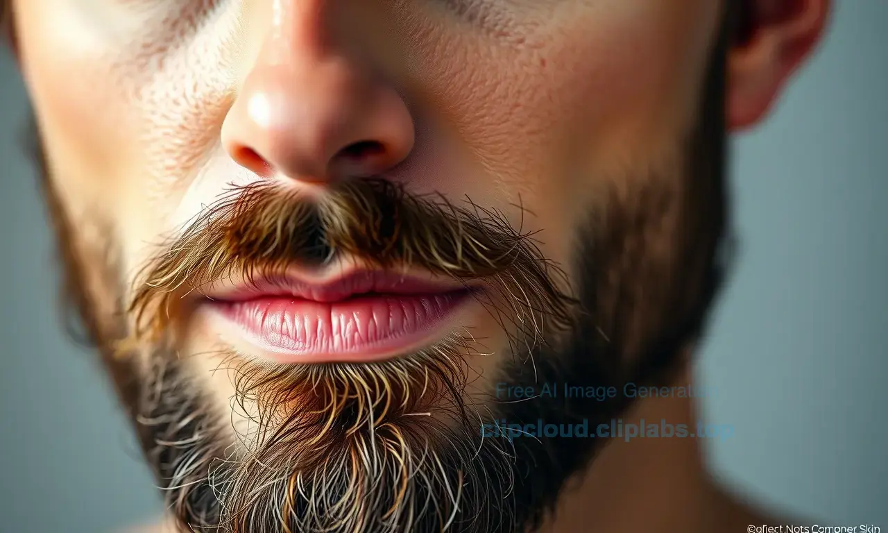 A close-up, high-quality portrait of a man with a well-groomed beard, focusing on the skin texture under the facial hair. The image should highlight a balanced skincare routine, showing healthy, hydrated skin without excessive oiliness or dryness. The lighting should be soft and natural, emphasizing the clarity and condition of the skin.
