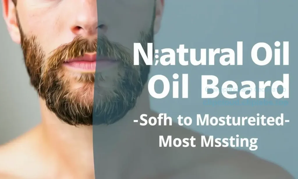 A man with a well-groomed beard, looking clean and healthy, with natural oil applied to his beard, showing a soft, moisturized texture. The background is neutral and blurred, focusing on the beard and oil application. No text or numbers visible.