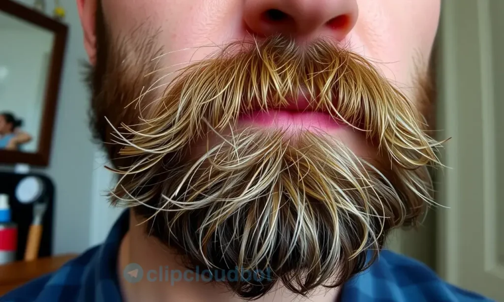 A close-up of a man's face with a beard that appears unkempt despite daily grooming, showing stray hairs, uneven trimming, and a grooming kit in the background, all in a realistic style.