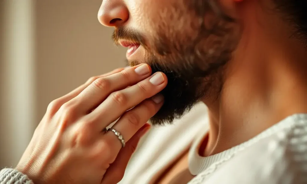A close-up image depicting a man gently stroking a woman's arm near her neck, focusing on the area where a beard might brush against the skin. The woman should have a serene expression. Soft, warm lighting. The beard should appear well-groomed but not overly soft.