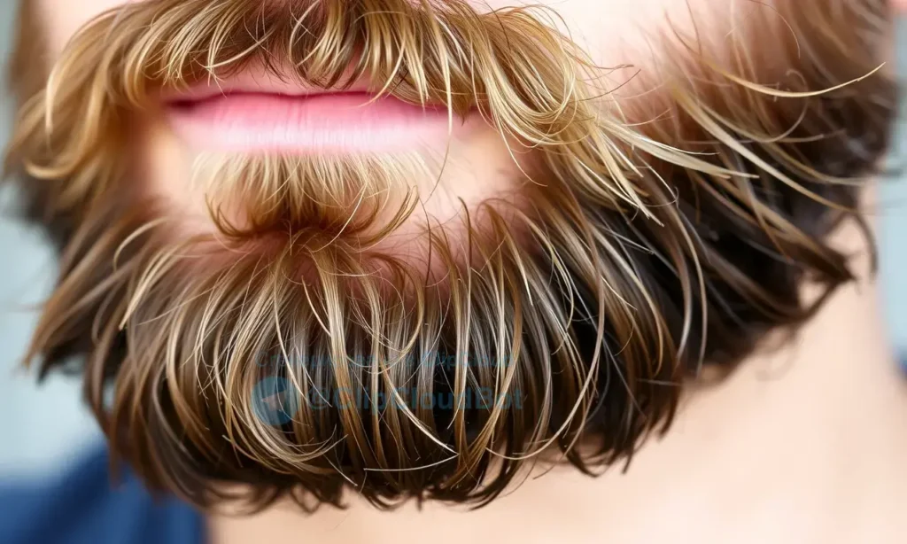 A close-up shot of a healthy, well-maintained beard. The beard should appear clean and full, with individual strands visible. Focus on the texture and shine of the beard. Soft, natural lighting.