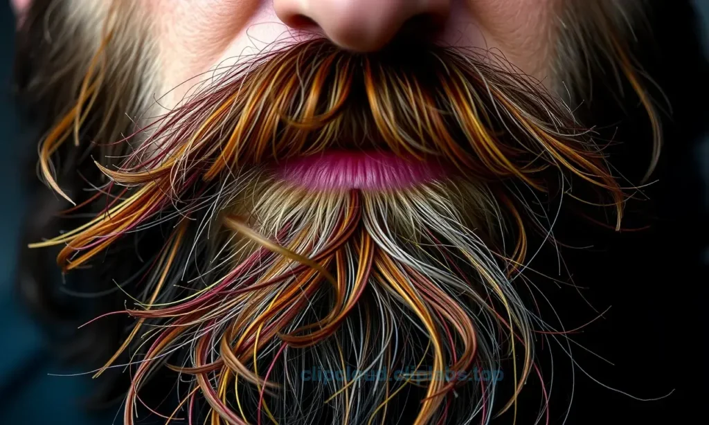 A close-up of a man's beard with dark roots and lighter tips, featuring colorful strands of hair blended naturally, high quality, 1280x720 resolution, realistic lighting, detailed texture, no text or symbols