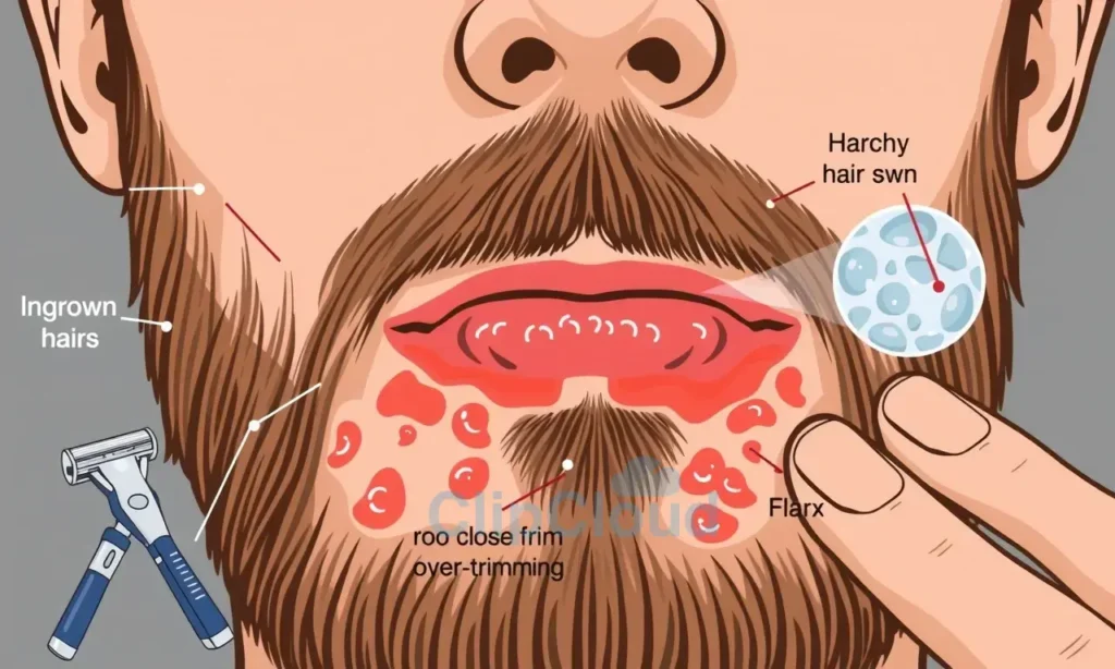 A close-up illustration of a man's face showing common beard care mistakes: ingrown hairs, red irritated skin under the beard, patchy growth from over-trimming, and dry flaky skin, with subtle visual cues like a razor too close to skin, harsh chemical products nearby, and fingers touching the face excessively — all in a clean, educational, high-quality style suitable for a grooming guide