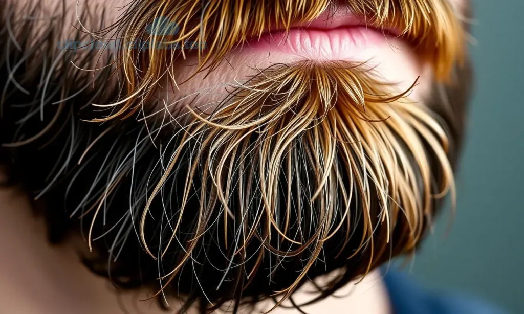A close-up of a well-groomed man's beard with visibly hydrated and nourished dry ends, showing subtle moisture droplets and a healthy shine, natural lighting, realistic skin texture, no text or symbols on the beard, no artificial effects