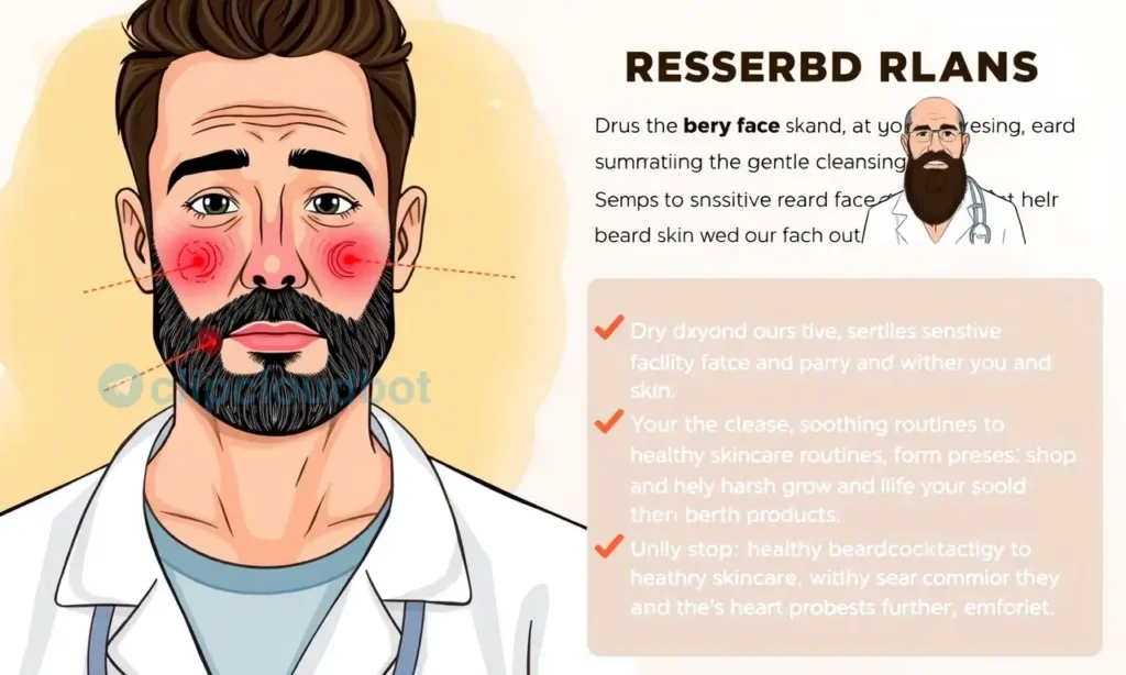 A medical illustration showing a man with dry, sensitive skin on his face, with visible redness, flaking, and irritation around the jawline and cheeks, alongside a dermatologist explaining proper beard care techniques for such skin types, including gentle cleansing, moisturizing, and avoiding harsh products, with clear visual emphasis on soothing skincare routines and healthy beard growth without causing further discomfort