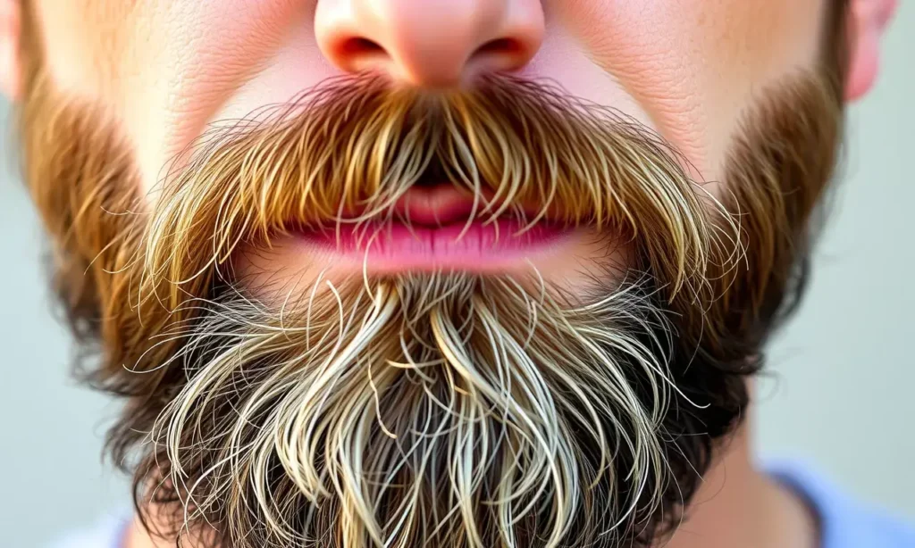 A close-up portrait of a man with a well-groomed beard showing natural color variation: darker tones at the roots and lighter, sun-bleached ends, realistic skin texture, natural lighting, high detail, no text or symbols