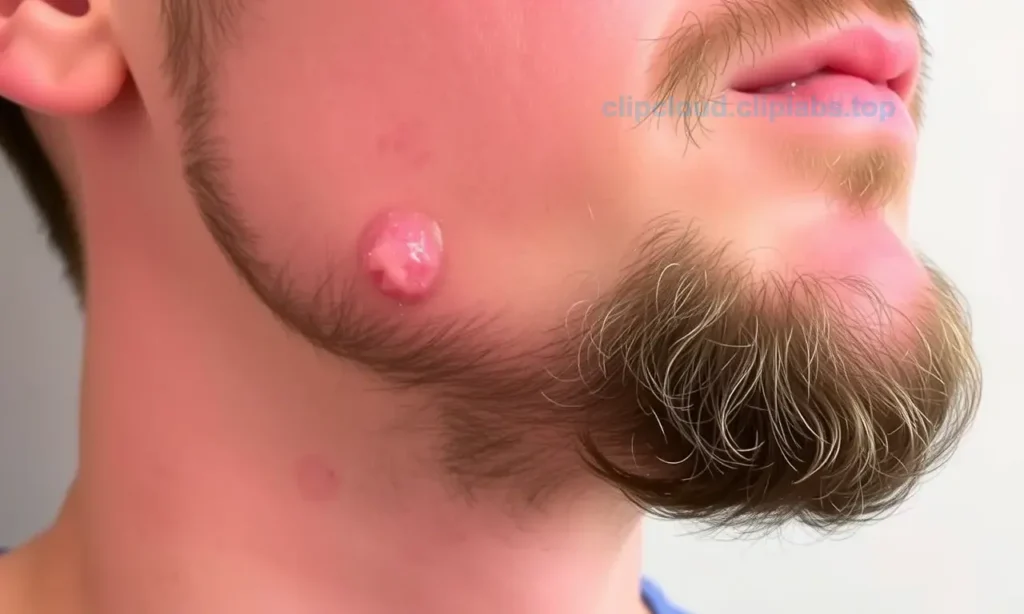 A person's chin and lower face area showing mild redness and slight irritation under the beard, with a few small bumps or pimples visible. The skin appears slightly inflamed but not severely damaged. The background is neutral and nondescript.