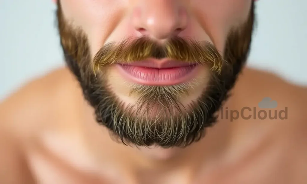 A close-up of a man's face with a well-groomed beard, showing healthy skin underneath, with subtle signs of proper beard care: clean lines, no redness or irritation, soft facial hair, and a natural skin glow. The lighting is soft and even, highlighting skin texture and beard detail without harsh shadows. The background is blurred and neutral, focusing attention on the beard and skin health.