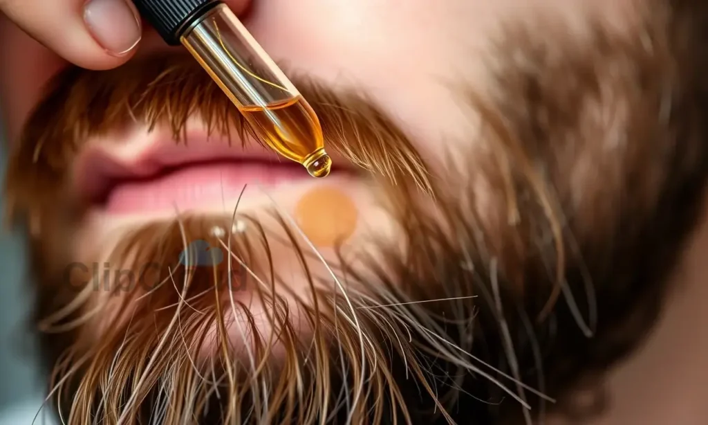 A close-up of a well-groomed man's beard with a few drops of beard oil being applied using a dropper, soft natural lighting, subtle skin texture visible, no text or labels, realistic style