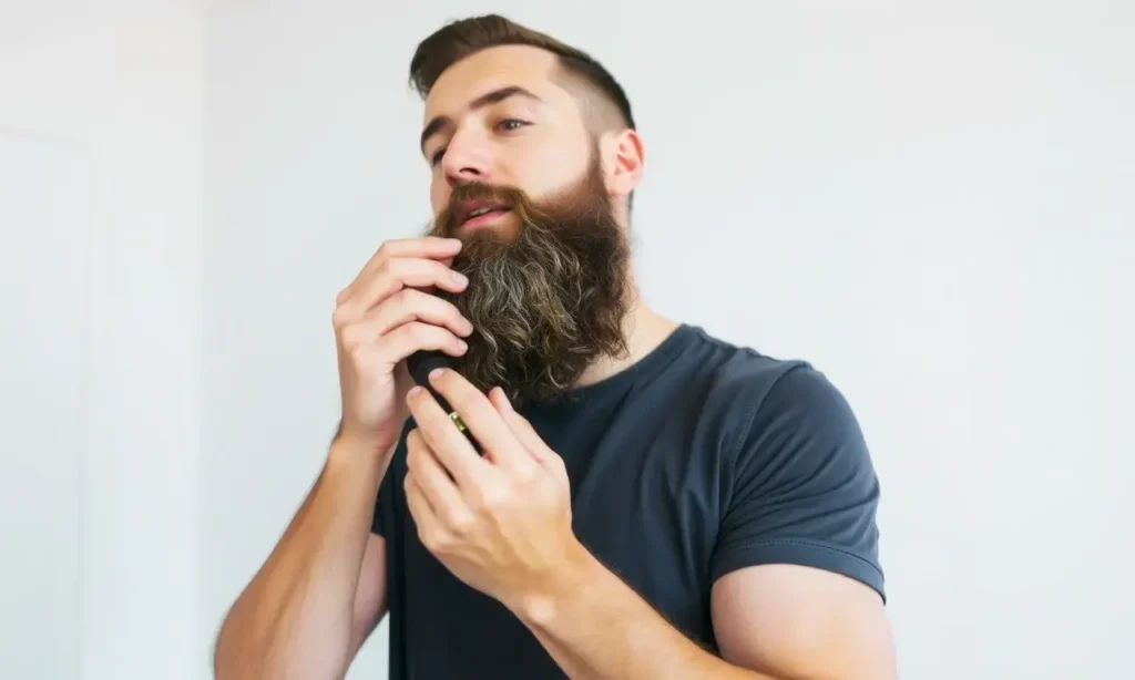 A bearded man in a simple indoor setting, gently applying beard oil to his beard with both hands, showing a clear, focused action without clutter or distractions, emphasizing proper technique and calm demeanor