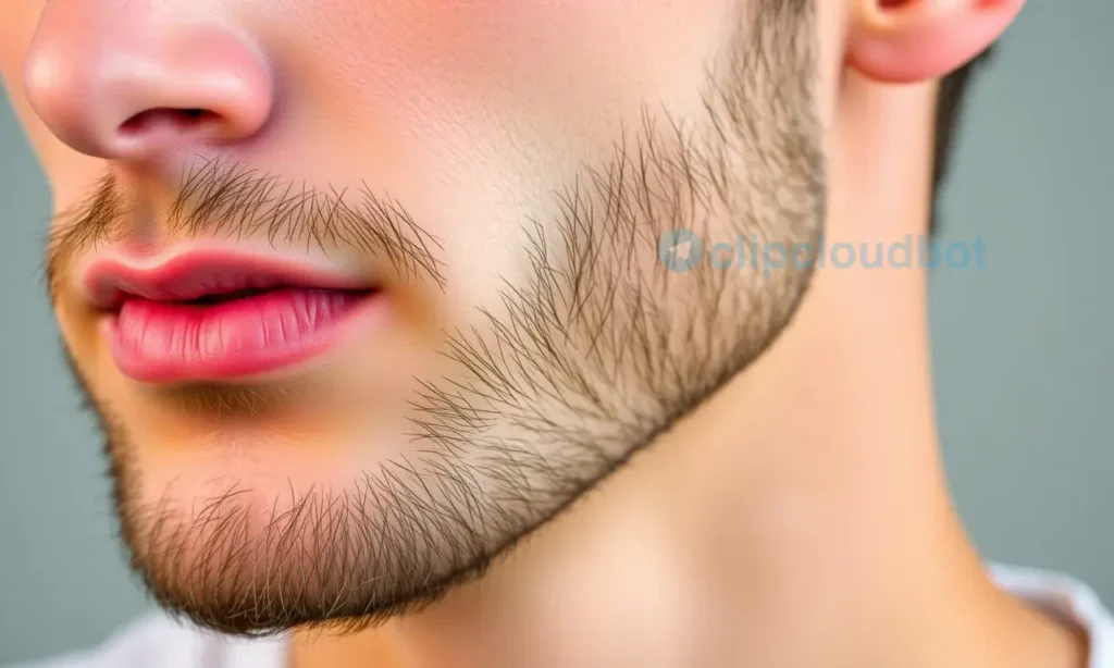 A close-up of a well-groomed man's face showing a smooth, clean-shaven chin and cheeks with a neatly shaped, slightly stubbly beard on the jawline, emphasizing the contrast between shaved skin and beard growth, realistic skin texture, natural lighting, high detail, no text or symbols