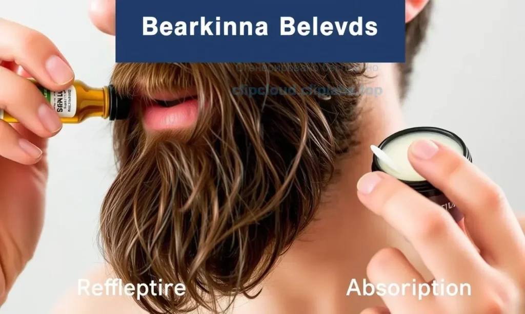 A bearded man applying beard oil and balm to his beard, showing the difference in texture and absorption. The image should depict a clean, well-groomed beard with natural lighting, highlighting the nourishing effects of the products without any text or labels.