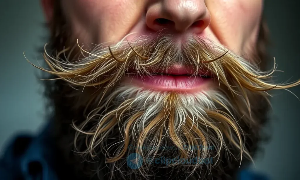 A close-up of a man's face showing a fluffy, unkempt beard with hairs sticking out in various directions, emphasizing texture and natural growth patterns, soft lighting, realistic skin and hair detail