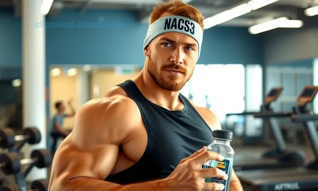 A clean-shaven man with a neatly trimmed short beard, wearing a sports headband and holding a water bottle, standing in a modern gym with dumbbells and a treadmill in the background, bright lighting, dynamic pose, realistic detail, no text or numbers on the image