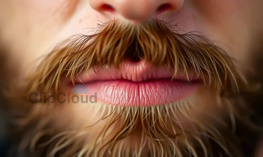 A close-up of a well-groomed man's beard with a subtle split between beard wax and beard oil droplets, one side showing firm hold wax shaping the beard into a neat style, the other side showing soft oil droplets being absorbed, natural lighting, realistic skin texture, high detail, 720p resolution