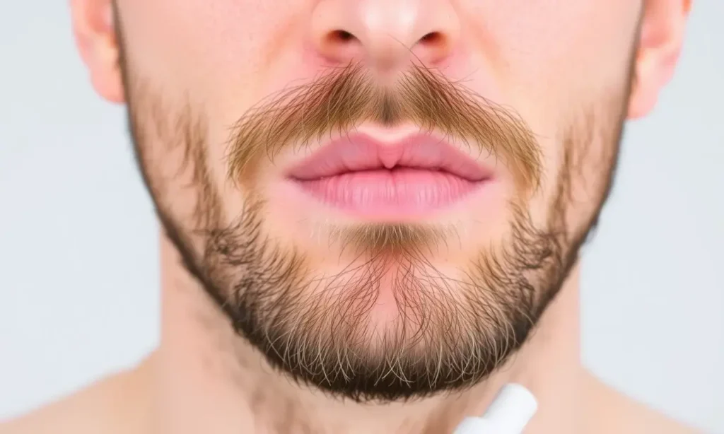 A person's face with a beard, showing skin irritation under the beard area after applying cosmetic products. Depict redness, slight swelling, and visible discomfort on the skin beneath the beard. Include a bottle of cosmetic product nearby to indicate the cause. Show a clean, neutral background to focus on the skin condition.