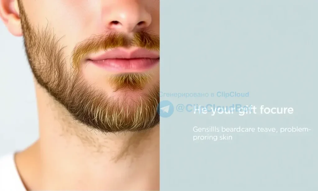 A close-up of a man's face showing healthy beard growth on a man with clear, smooth skin, emphasizing proper beard care for sensitive or problem-prone skin, with a clean and natural appearance
