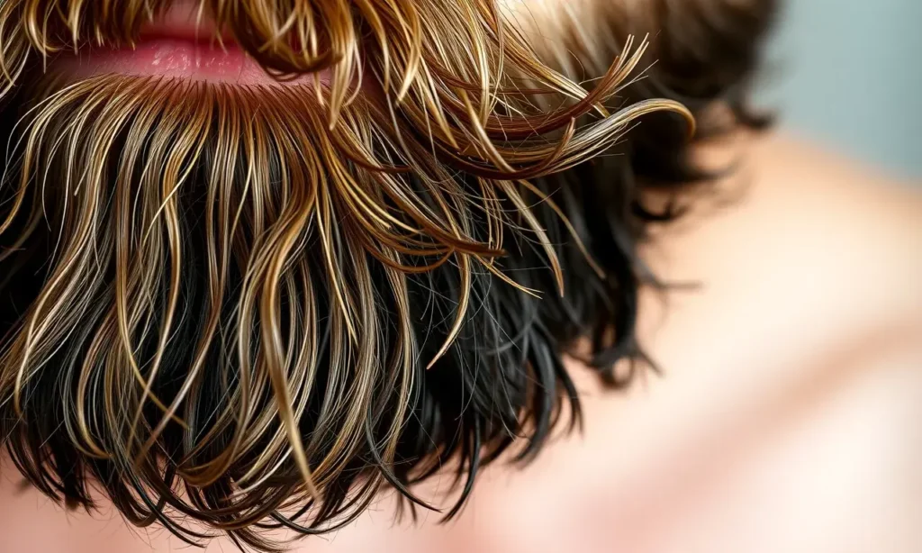 A close-up of a man's beard showing oily roots and dry ends, with visible texture contrast: greasy, shiny hair near the skin transitioning to brittle, frizzy, split ends. Soft natural lighting highlights the difference in moisture levels. No text, no logos, no additional objects — only the beard and subtle skin background.