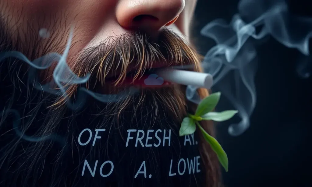 A close-up of a man's beard with visible smoke particles fading away, clean fresh air around, subtle green leaves or herbs symbolizing freshness, no text or numbers on the beard, no cigarettes or ashtrays, no dark or polluted background